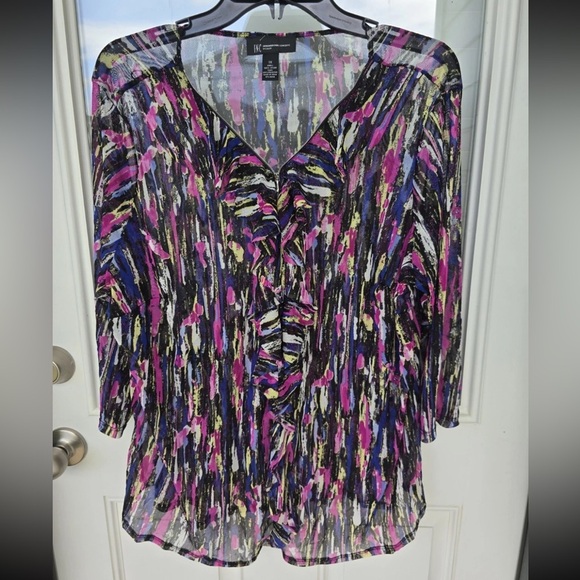 Inc International Sheer Blouse 1X Plus Womens Rainbow Ruffles 3/4 Sleeve Y2K - Picture 11 of 12